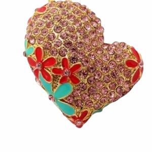 Jeweled pink Heart necklace Brooch gold tone adjustable New Free Ship